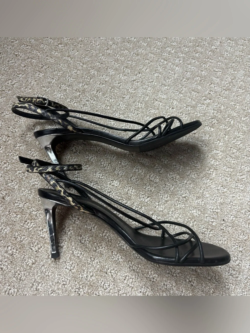 Saint Laurent Black Strappy Heeled Sandals with Leopard Accent Size 39